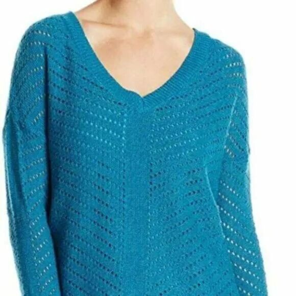 Prana Ellery Sweater Womens Small Mosaic Blue V-Neck Open Knit Ruffled Hem NWT - Picture 2 of 11